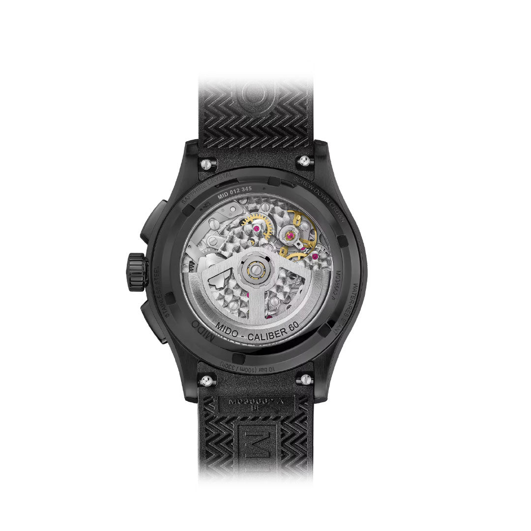 The black MIDO Multifort Skeleton Chronograph Automatic 43mm Watch features a transparent case back, displaying its Swiss automatic movement and gears. A textured strap and "MIDO - CALIBER 80" inscription highlight the collection.