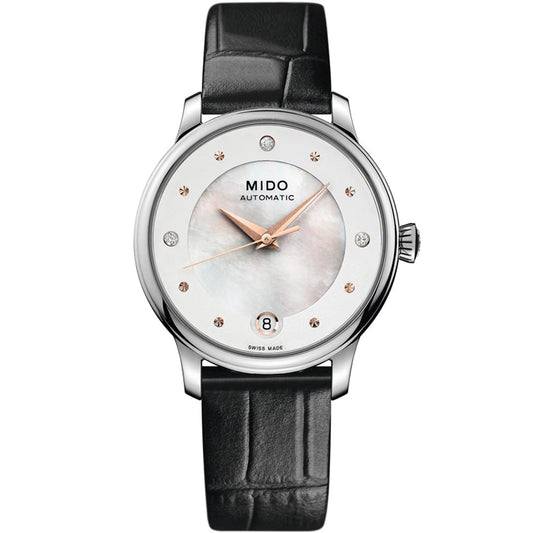 The MIDO Baroncelli II Lady Day & Night Automatic 33mm Watch features an automatic movement, white mother-of-pearl dial, rose gold markers, silver case, date at 6 o’clock, and a black leather strap.