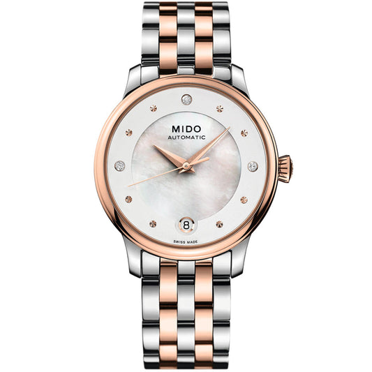 The MIDO Baroncelli II Lady Day Automatic 33mm features Swiss automatic movement, a silver and rose gold two-tone band, white mother-of-pearl dial with diamond markers, and a date display at 6 o’clock.