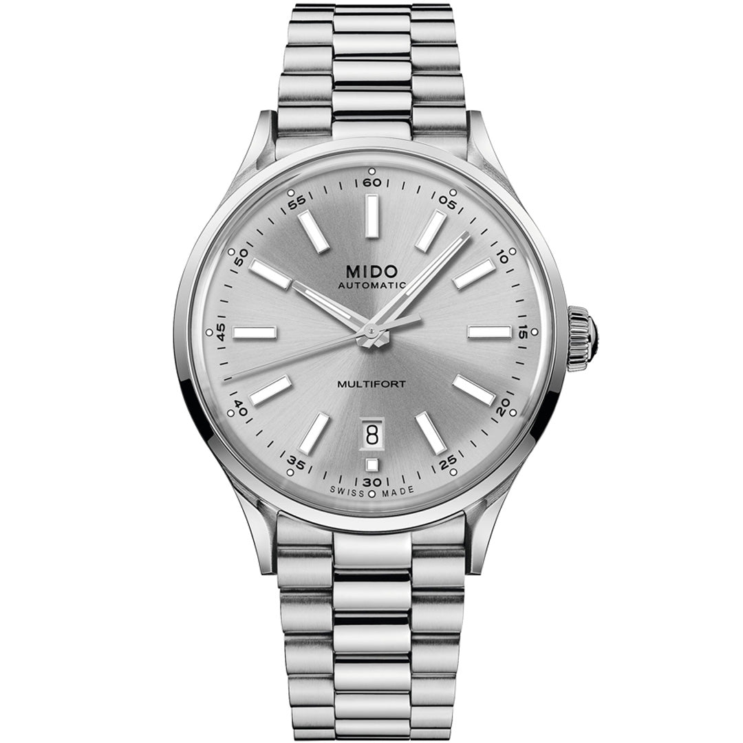 The MIDO Multifort Patrimony Powerwind Automatic 40mm Watch features a silver dial, stainless steel band, date window at 6 o’clock, and bold hour markers for a minimalist yet polished look.