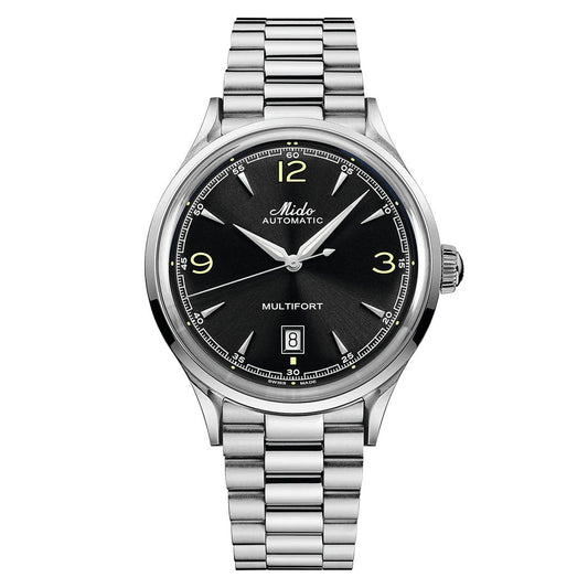The MIDO Multifort Powerwind Automatic 40mm Watch features a silver case, black dial with silver hour markers, numerals at 3, 9, and 12, a date window at 6 o’clock, and a metal link bracelet.