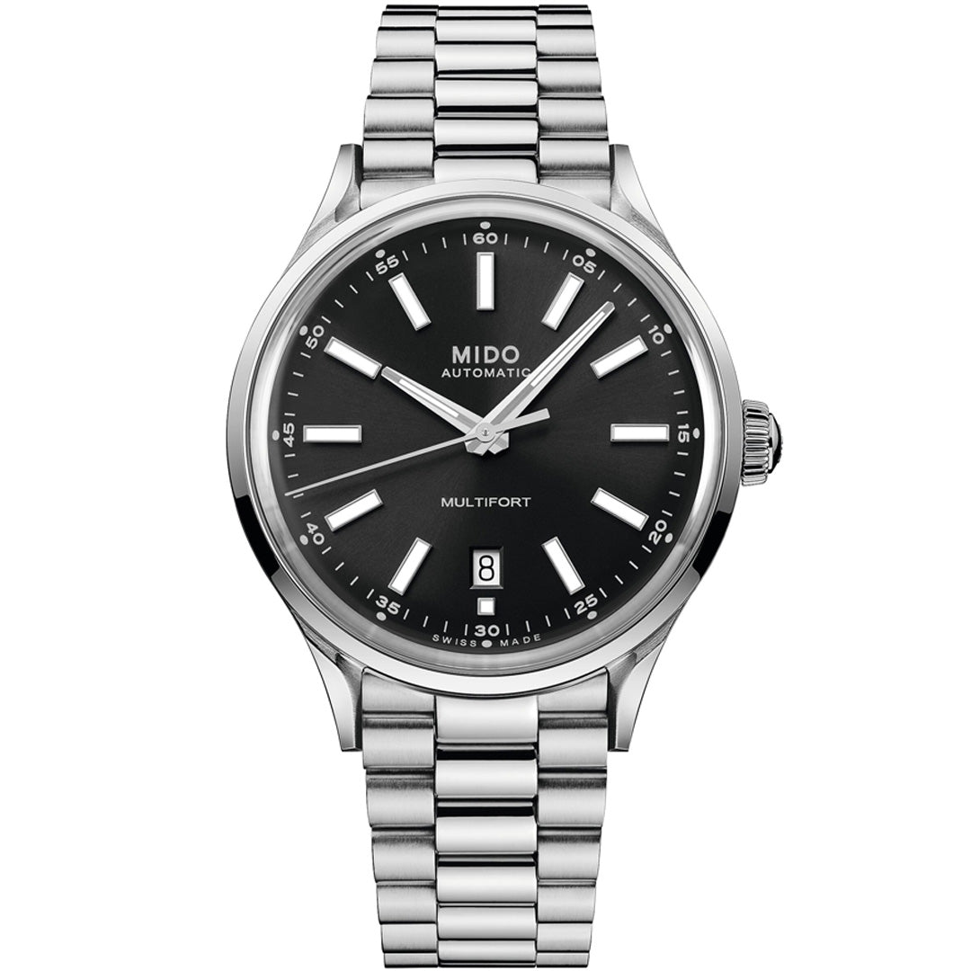 The MIDO Multifort Patrimony Powerwind Automatic 40mm Watch features a silver metal band, black dial with white markers, a date display at 6 o’clock, and “MIDO AUTOMATIC MULTIFORT” on the face, reflecting its automatic movement and classic design.