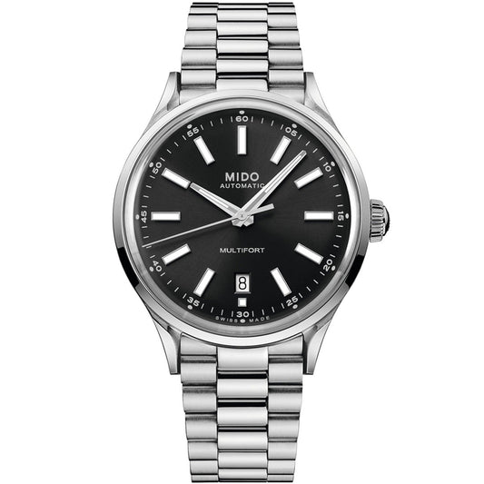 The MIDO Multifort Patrimony Powerwind Automatic 40mm Watch features a silver metal band, black dial with white markers, a date display at 6 o’clock, and “MIDO AUTOMATIC MULTIFORT” on the face, reflecting its automatic movement and classic design.