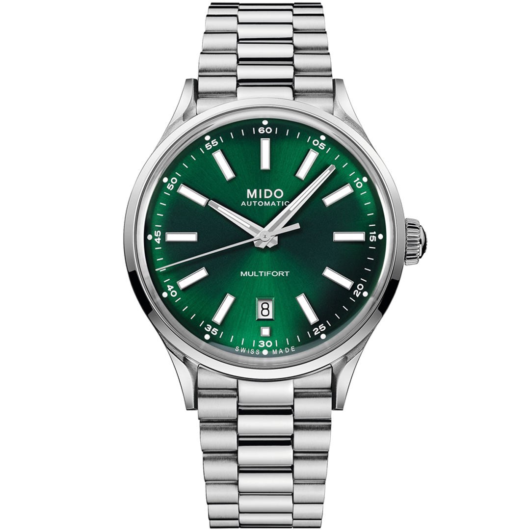 The MIDO Multifort Patrimony Powerwind Automatic 40mm Watch features a stainless steel case, green gradient dial, silver markers and hands, date at 6 o’clock, and displays “MIDO AUTOMATIC” and “MULTIFORT” on the dial.