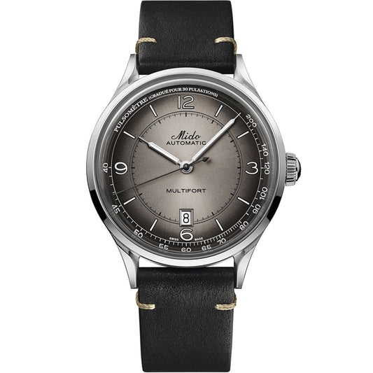 The MIDO Multifort Patrimony Automatic 40mm Watch features a Caliber 80 movement, black leather strap, silver-tone case, grey gradient dial with silver markers, date at 6 o'clock, pulsimeter scale, and extended power reserve.