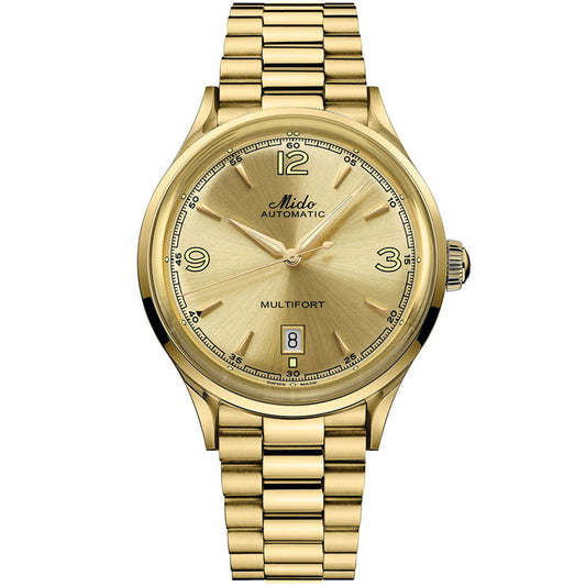 The MIDO Multifort Powerwind Automatic 40mm Watch features a gold case and bracelet, gold sunburst dial, silver hour markers, Arabic numerals at 3, 9, and 12, plus a date window at 6 o’clock.