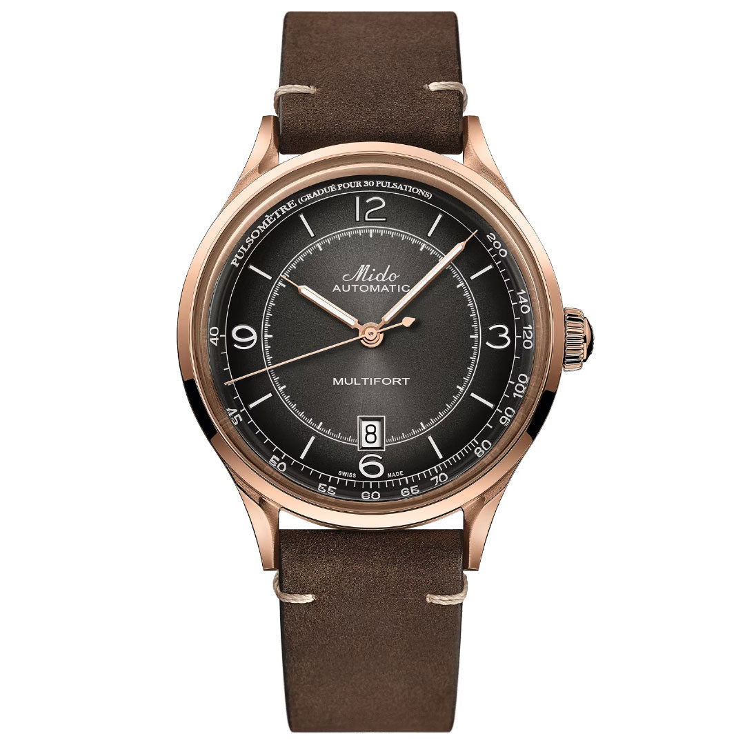 The MIDO Multifort Patrimony Automatic 40mm Watch features a brown leather strap, rose gold case, black dial with silver hour markers, Caliber 80 automatic movement, date at 6 o’clock, and a pulsometer scale around the edge.