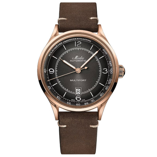 The MIDO Multifort Patrimony Automatic 40mm Watch features a brown leather strap, rose gold case, black dial with silver hour markers, Caliber 80 automatic movement, date at 6 o’clock, and a pulsometer scale around the edge.