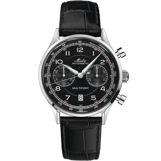The MIDO Multifort Patrimony Chronograph Automatic 42mm watch features a black dial with silver indices, three subdials, date at 6 o’clock, tachymeter scale, Caliber 60 movement, and a black leather strap.