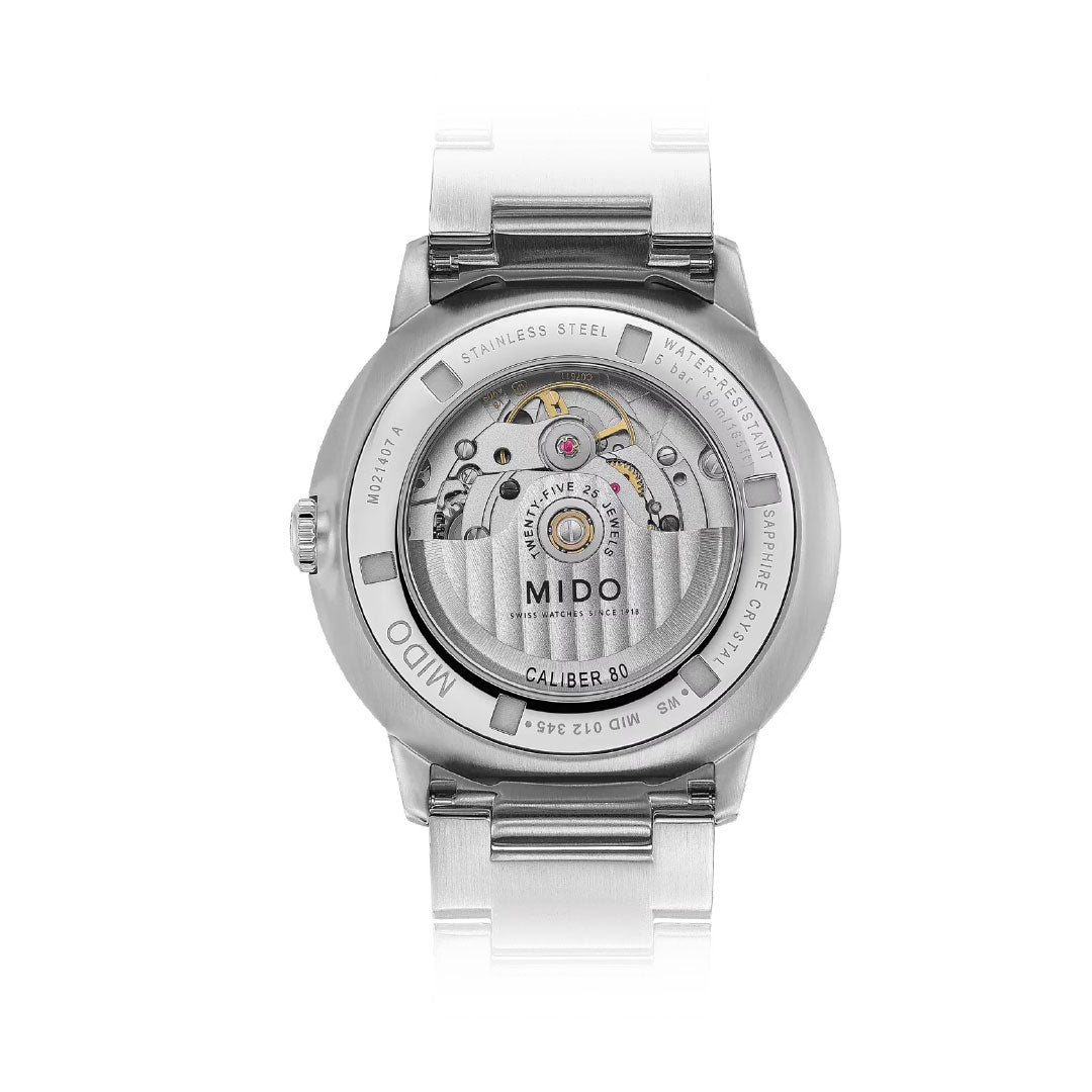 Back view of the MIDO Multifort Patrimony Chronograph Automatic 42mm watch, showing its stainless steel case and exposed automatic movement with "Caliber 80" and "Swiss Made" on the transparent case back.