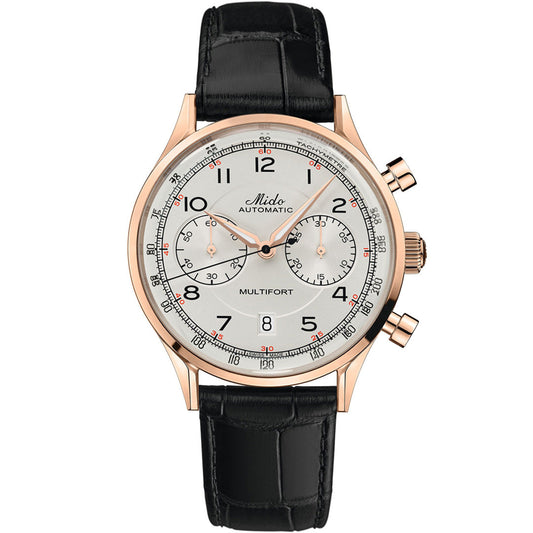 The MIDO Multifort Patrimony Chronograph Automatic 42mm watch boasts a white dial, rose gold case, black leather strap, three subdials, and black Arabic numerals. It runs on Caliber 60 with hour, minute, and second hands.