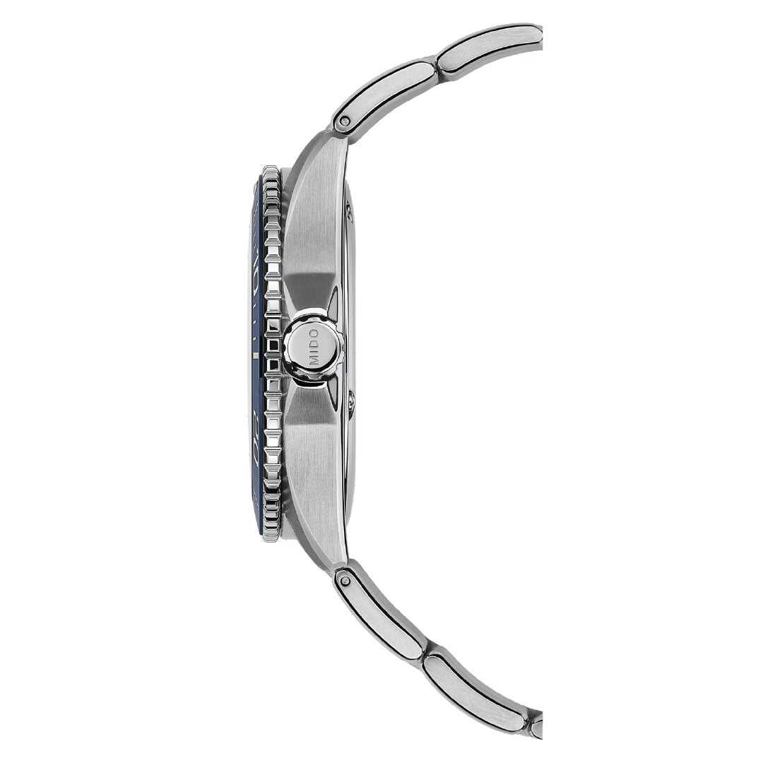 Side view of the MIDO Ocean Star 200C Automatic 42.5mm Watch by MIDO, showing its silver metallic band, ceramic bezel, and visible crown—highlighting the thickness and elegant profile against a white background.