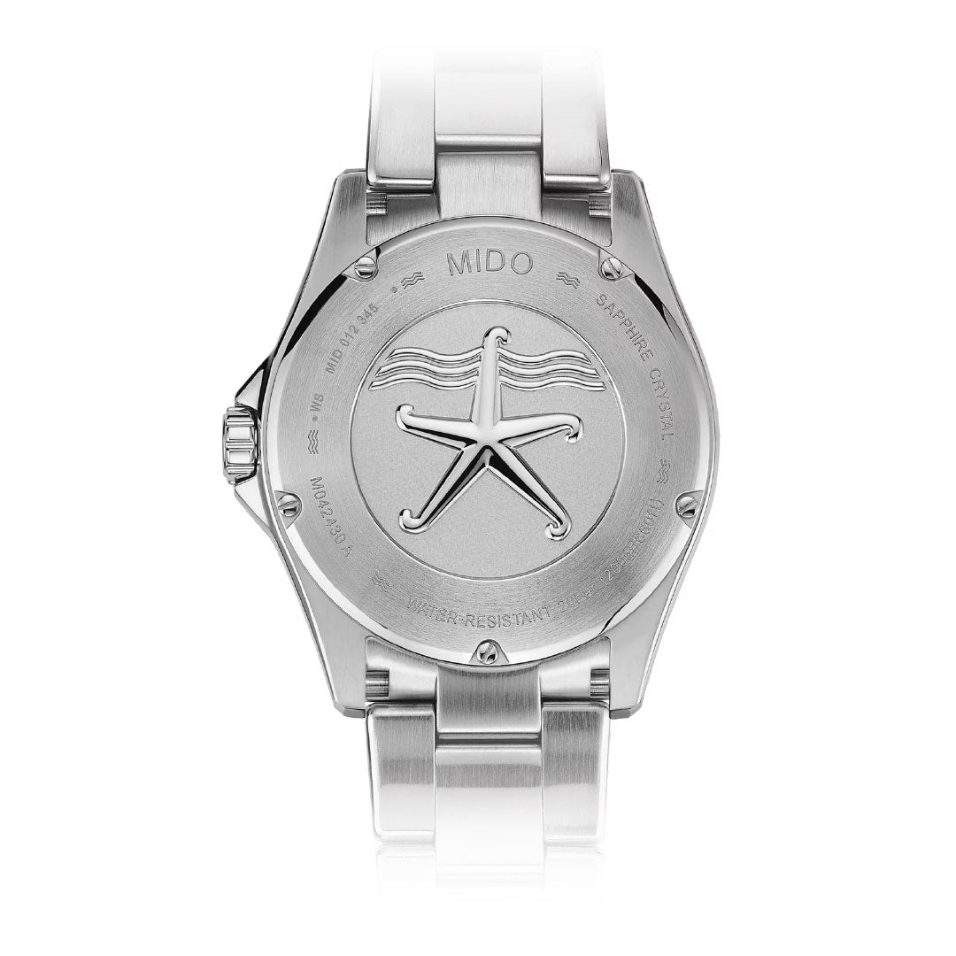 The back of the MIDO Ocean Star 200C Automatic 42.5mm Watch showcases an engraved starfish, "MIDO" branding, and details on water resistance, automatic movement, and sapphire crystal.