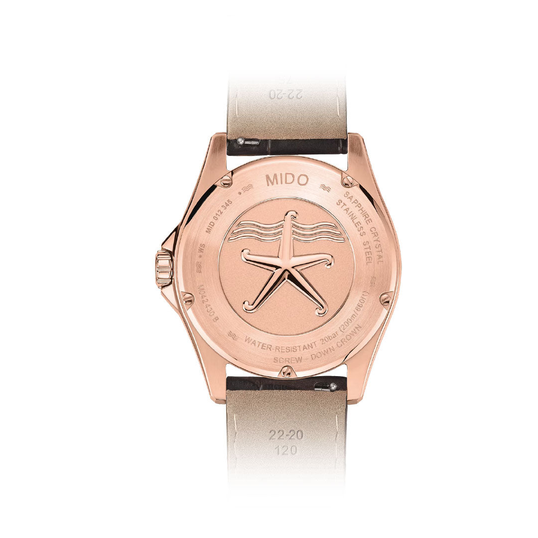The back of the MIDO Ocean Star 200C Automatic 42.5mm Watch features an engraved starfish, screw-down case, water resistance info, and leather straps.