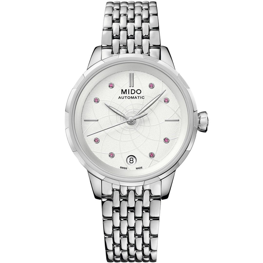 The MIDO Rainflower Automatic 34mm Watch for women features a silver stainless steel bracelet, white dial with pink gemstone markers, Caliber 80 movement, date window at 6 o'clock, from the MIDO brand.