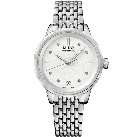 The MIDO Rainflower Automatic 34mm Watch for women features a silver stainless steel bracelet, white dial with pink gemstone markers, Caliber 80 movement, date window at 6 o'clock, from the MIDO brand.