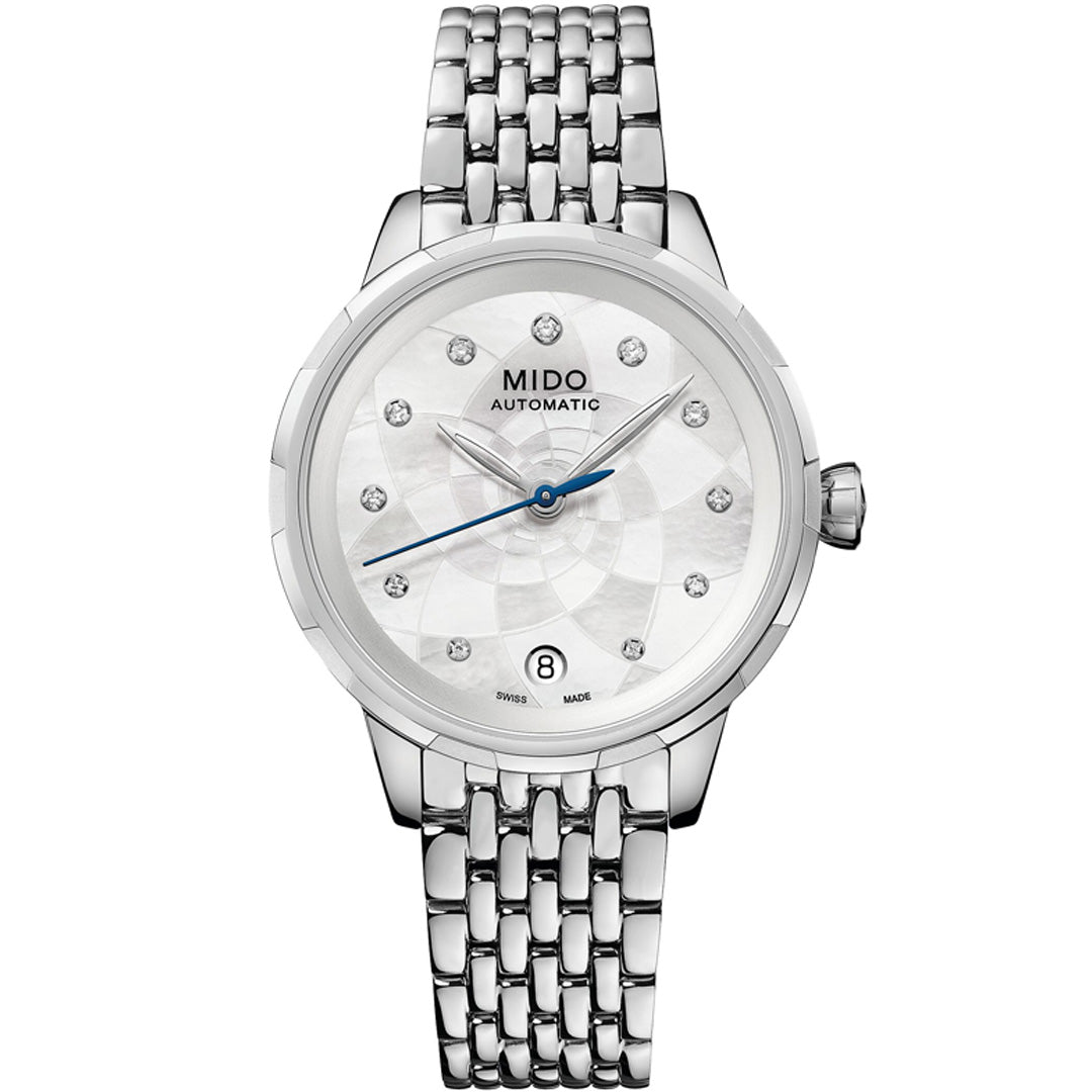 The MIDO Rainflower Automatic 34mm Watch for women features a silver metal link band, white mother-of-pearl dial with diamond markers, blue second hand, Caliber 80 movement, and date display at 6 o’clock.