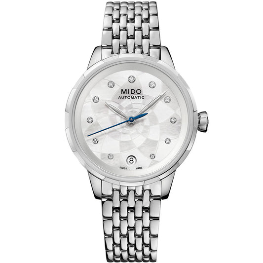 The MIDO Rainflower Automatic 34mm Watch for women features a silver metal link band, white mother-of-pearl dial with diamond markers, blue second hand, Caliber 80 movement, and date display at 6 o’clock.
