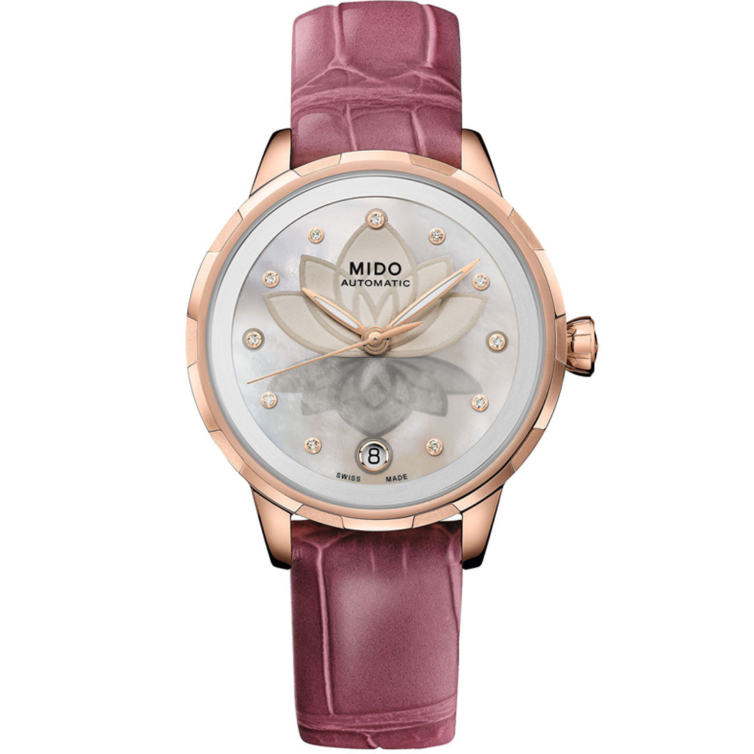 The MIDO RainFlower Night Automatic 34mm Watch features a rose gold case, white mother-of-pearl dial with diamond markers, pink leather strap, date at 6 o’clock, Caliber 80 movement, and “MIDO AUTOMATIC” on the dial.