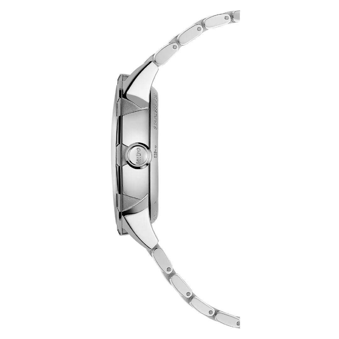 Side view of the MIDO Rainflower Blossom Automatic 34mm Watch, featuring a sleek silver design, automatic movement, and metal bracelet by MIDO, highlighting its thin profile and polished finish against a white background.