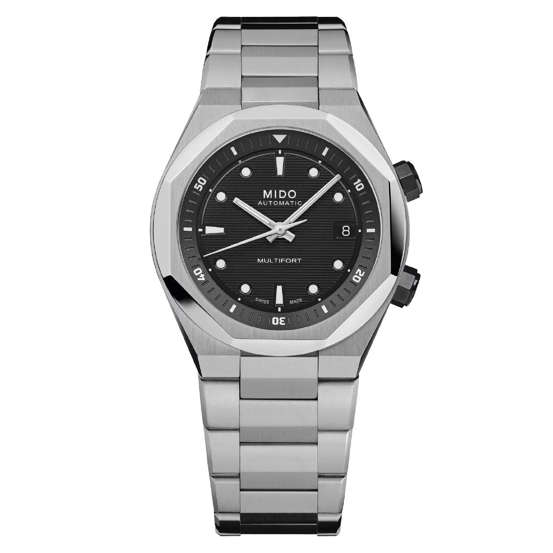The MIDO Multifort 8 Two Crowns Automatic 40mm features a stainless steel case, black dial, silver markers and hands, date at 3 o’clock, two crowns on the right, and a metal bracelet.