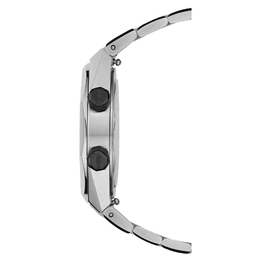 Side view of the MIDO Multifort 8 Two Crowns Automatic 40mm Watch in silver metal with a segmented band and two black round pushers on the case, displayed against a white background.