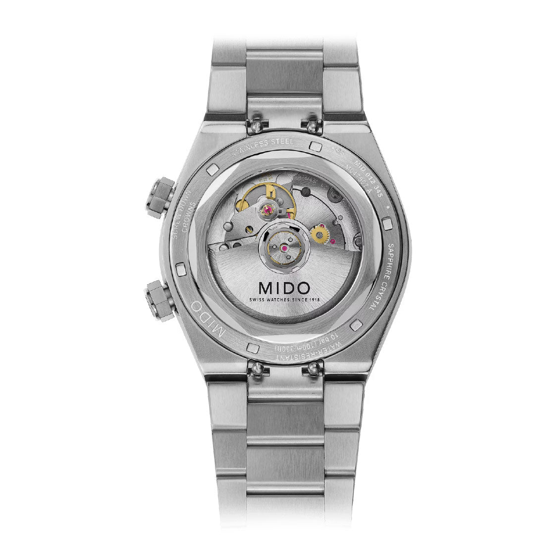 Back view of the MIDO Multifort 8 Two Crowns Automatic 40mm Watch with a stainless steel bracelet, showcasing its exposed automatic movement and intricate inner gears through a transparent case back.