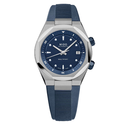 The MIDO Multifort 8 Two Crowns Automatic 40mm features a blue round dial, date display, two crowns, and a matching blue textured band.