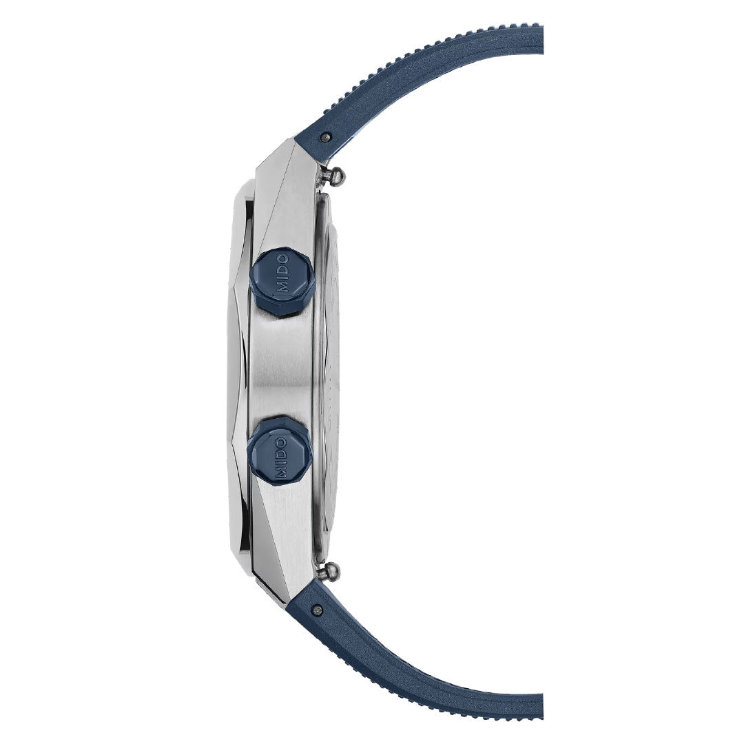 Side view of the MIDO Multifort 8 Two Crowns Automatic 40mm Watch showing its silver case, two blue side buttons, and a textured blue strap attached at both ends.