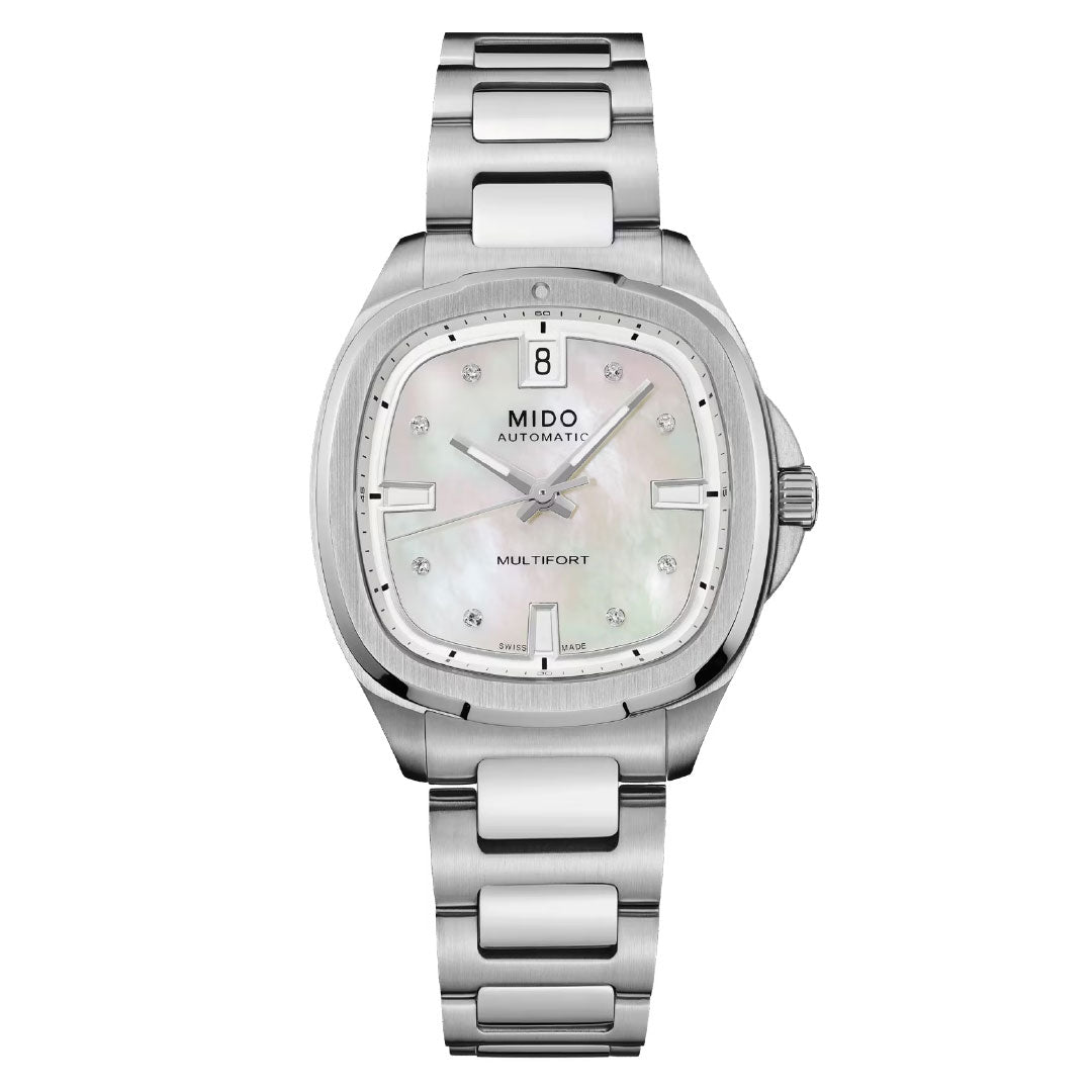 The MIDO Multifort TV 35 Automatic 35mm Watch features a stainless steel case, silver metal band, white mother-of-pearl dial with diamond hour markers, silver hands, and reliable automatic movement.