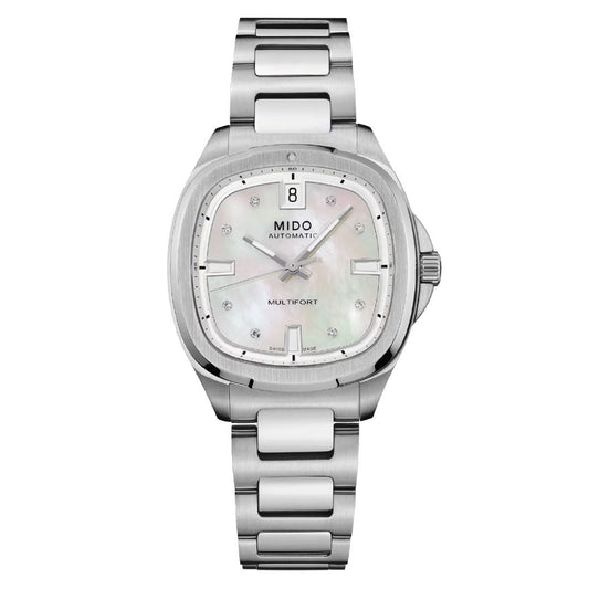 The MIDO Multifort TV 35 Automatic 35mm Watch features a stainless steel case, silver metal band, white mother-of-pearl dial with diamond hour markers, silver hands, and reliable automatic movement.
