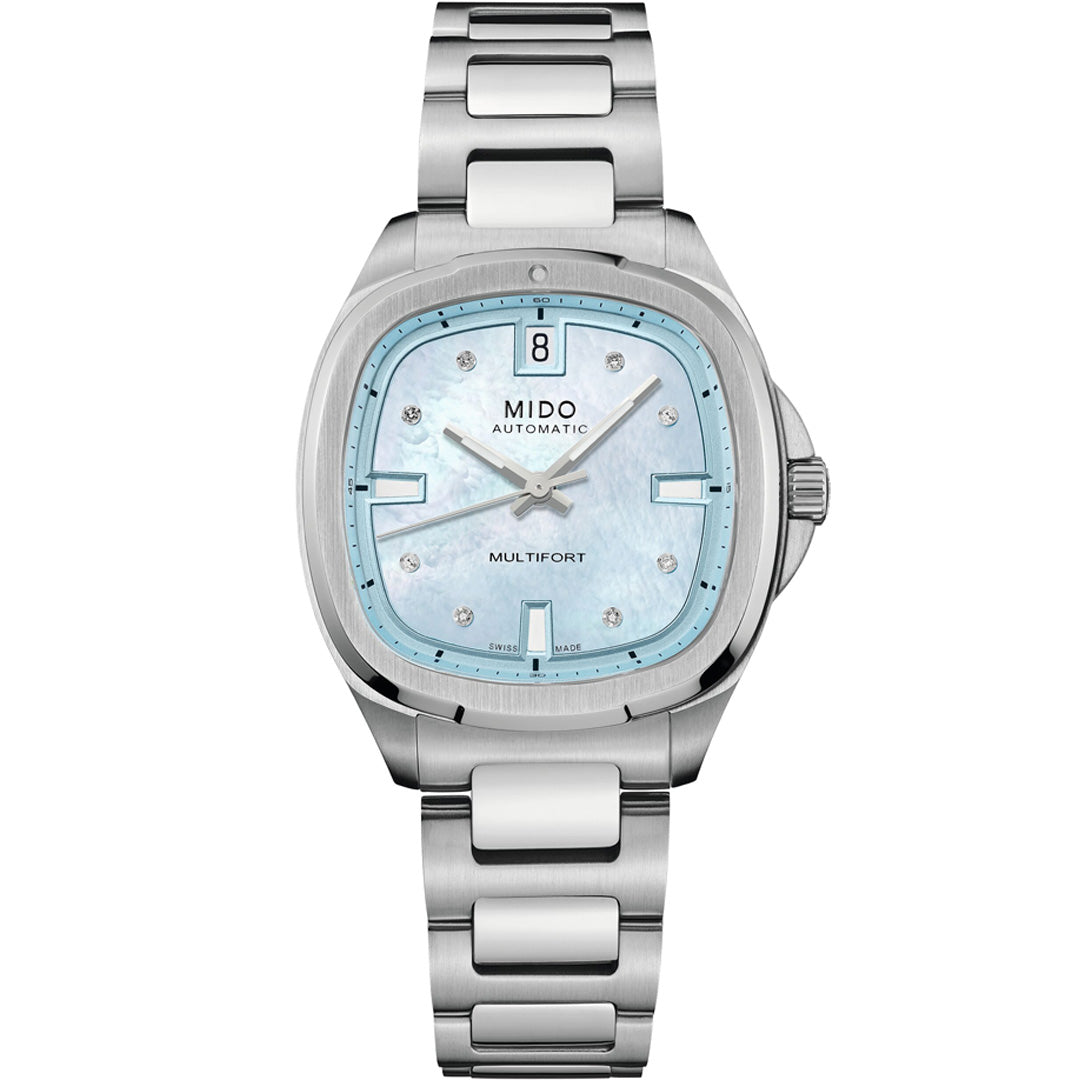 The MIDO Multifort TV 35 Automatic 35mm Watch features a stainless steel case, silver metal band, light blue mother-of-pearl dial with diamond hour markers, Calibre 72 movement, date at 12 o'clock, and "MIDO AUTOMATIC MULTIFORT" on the face.