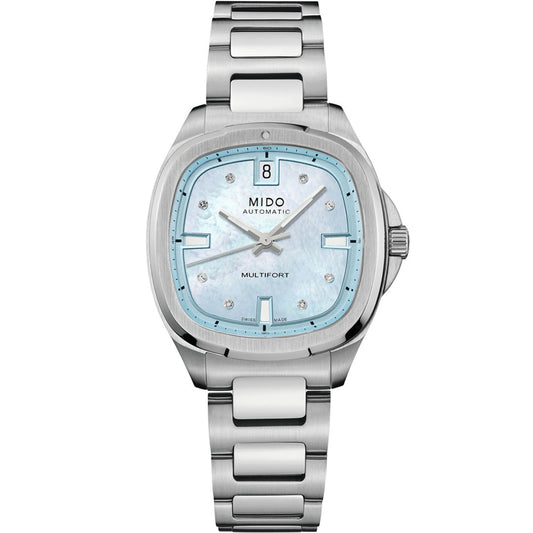 The MIDO Multifort TV 35 Automatic 35mm Watch features a stainless steel case, silver metal band, light blue mother-of-pearl dial with diamond hour markers, Calibre 72 movement, date at 12 o'clock, and "MIDO AUTOMATIC MULTIFORT" on the face.