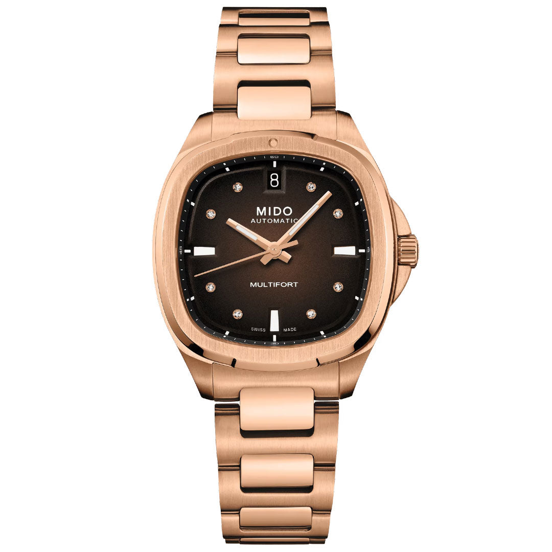 The MIDO Multifort TV 35 Automatic 35mm Watch features a rose gold case, round black dial with diamond markers, Nivachron balance spring, date display at 12 o’clock, and a metal link bracelet.