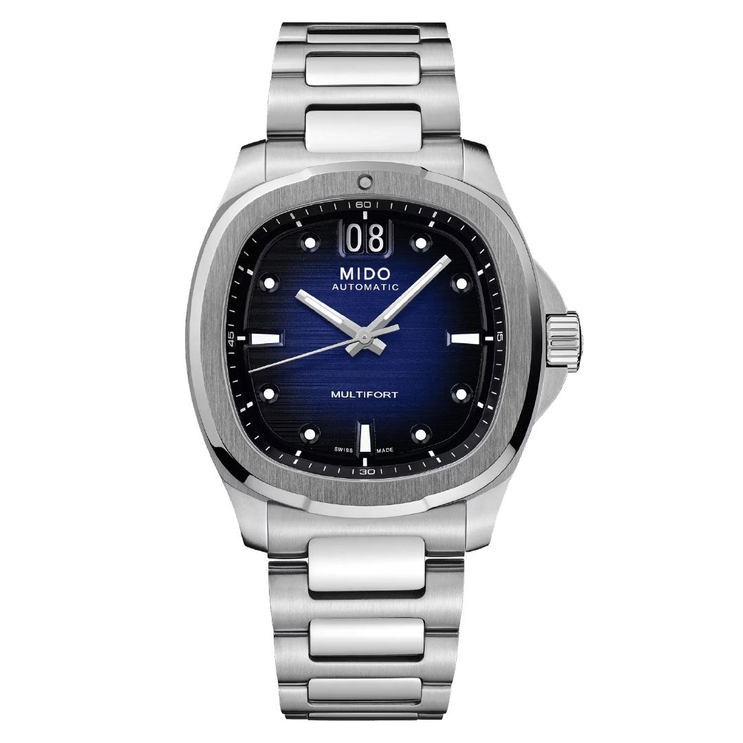 The MIDO Multifort TV Big Date Automatic 40mm Watch features a stainless steel case, automatic movement, blue gradient dial with silver hour markers, date display at 12 o'clock, and a metal link bracelet.