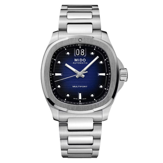 The MIDO Multifort TV Big Date Automatic 40mm Watch features a stainless steel case, automatic movement, blue gradient dial with silver hour markers, date display at 12 o'clock, and a metal link bracelet.