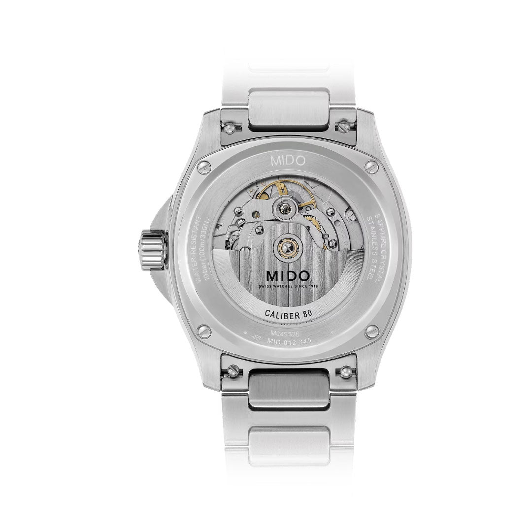 The MIDO Multifort TV Big Date Automatic 40mm Watch features a metal bracelet and a transparent case back showcasing the automatic movement, engraved with "MIDO" and "CALIBER 80.