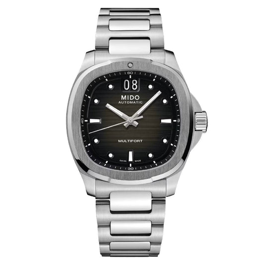 The MIDO Multifort TV Big Date Automatic 40mm Watch features a stainless steel case, black dial with luminous hands and markers, a large date window at 12 o’clock, automatic movement, and a brushed metal bracelet.