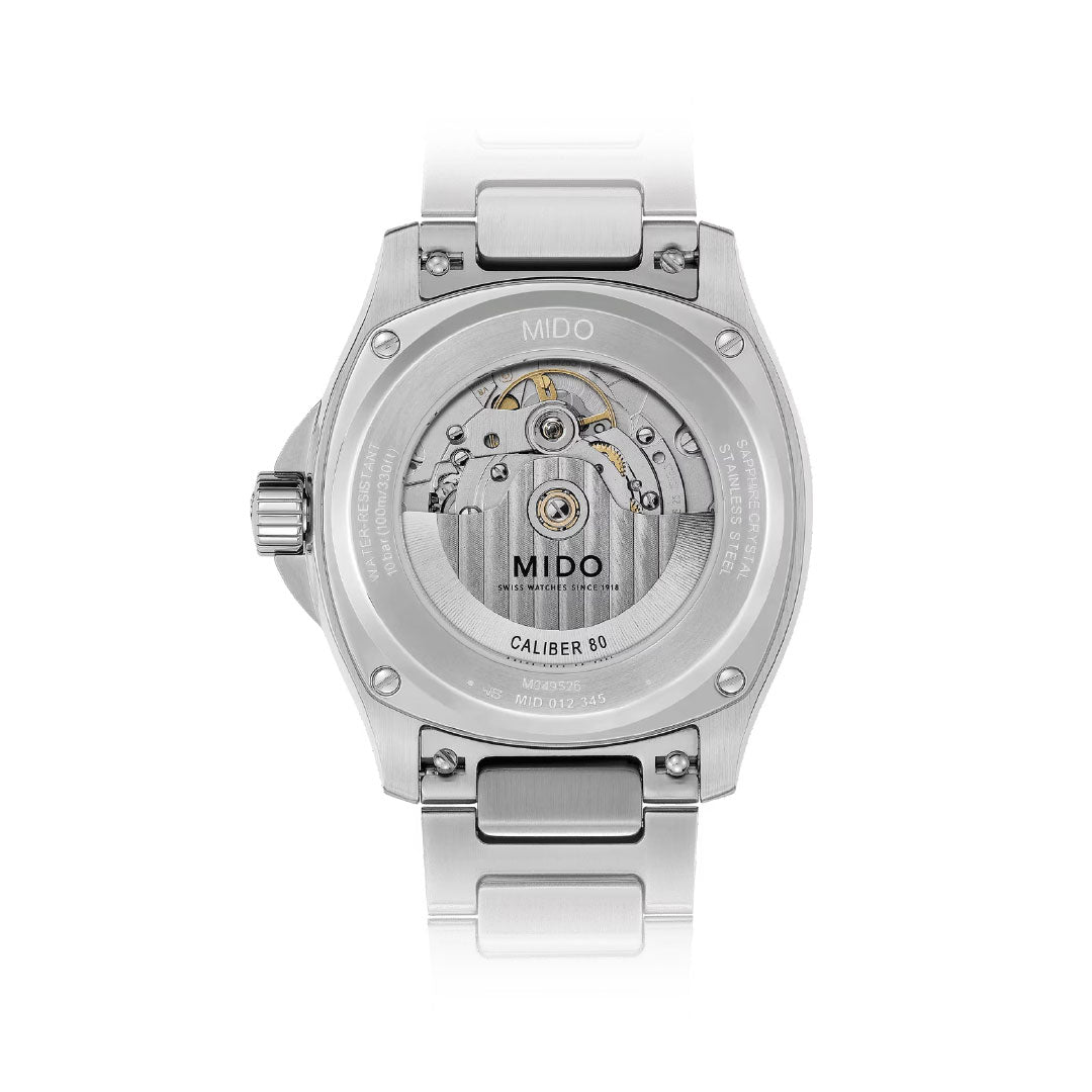 The back view of the MIDO Multifort TV Big Date Automatic 40mm Watch reveals its transparent case back with visible automatic movement and engraved details, including "Caliber 80" and "MIDO Swiss Made.