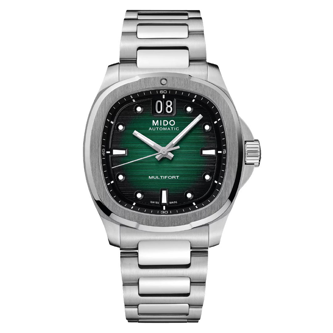 The MIDO Multifort TV Big Date Automatic 40mm Watch features a green gradient dial, silver markers, luminous hands, and a date display at 12 o'clock.