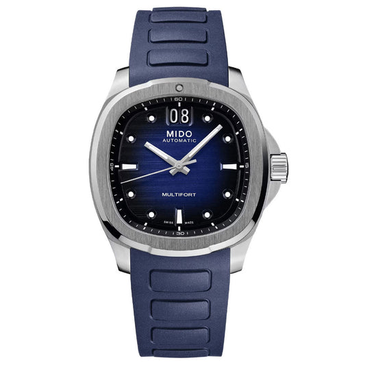 The MIDO Multifort TV Big Date Automatic 40mm Watch features an automatic movement, blue dial, silver bezel, blue rubber strap, big date display at 12 o'clock, plus luminescent hands and hour markers for visibility in any light.