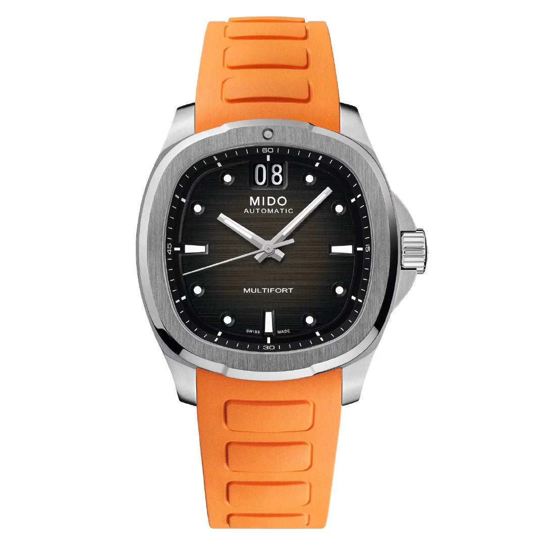 The MIDO Multifort TV Big Date Automatic 40mm Watch features a black dial with silver accents, large date display, orange rubber strap, and stainless steel case—a Swiss-made timepiece with a sporty, modern design.