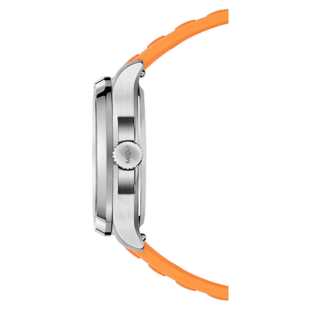 Side view of the MIDO Multifort TV Big Date Automatic 40mm Watch featuring a textured crown, orange rubber strap, and showing off the robust case thickness, distinct lugs, and refined automatic movement.