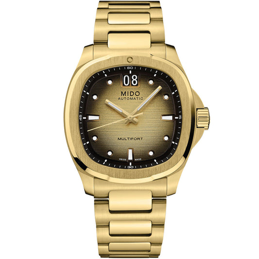 The MIDO Multifort TV Big Date Automatic 40mm Watch features a gold link bracelet, black gradient dial with white hour markers, automatic movement, and a large date display at 12 o’clock.