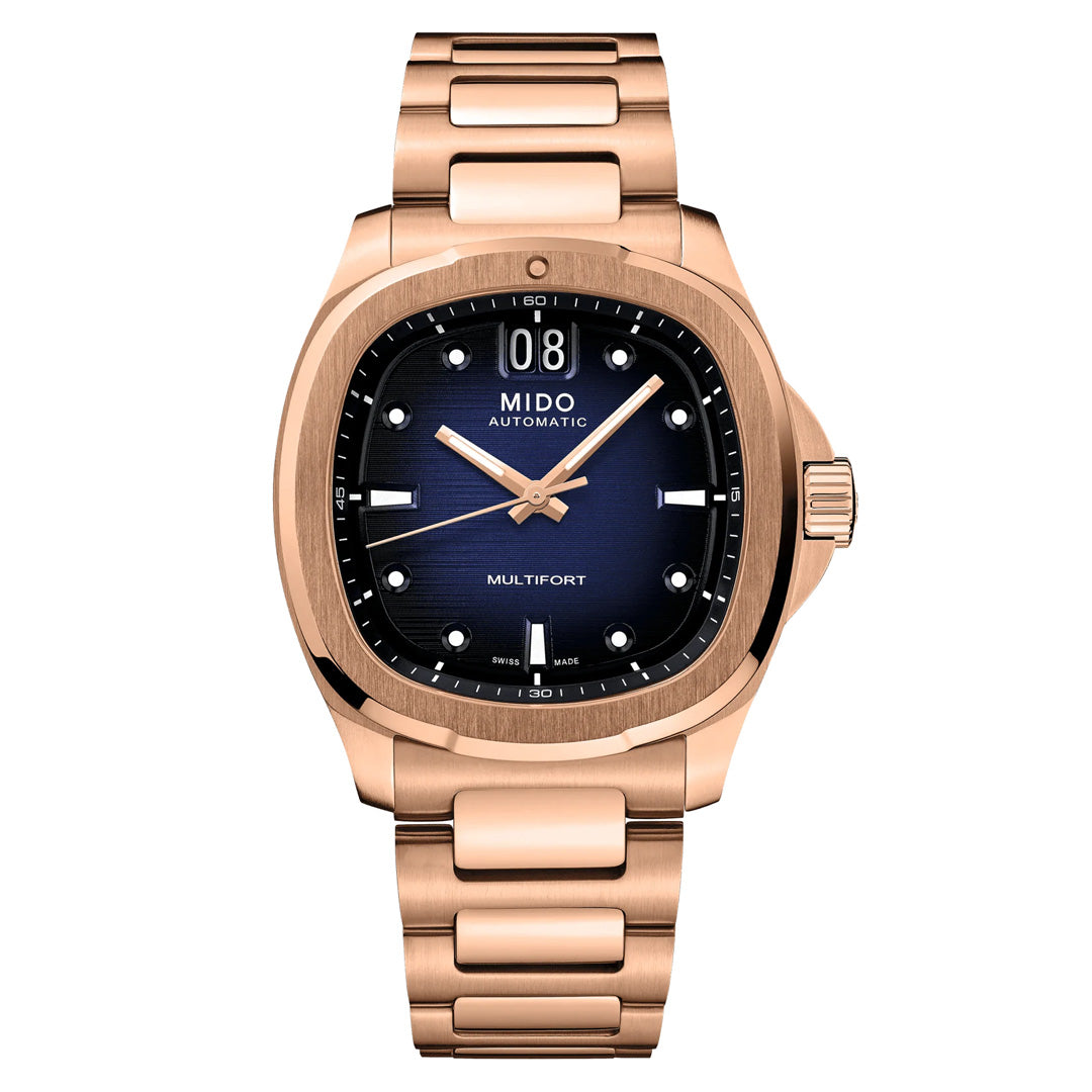 The MIDO Multifort TV Big Date Automatic 39.2mm features a blue gradient dial, baton and dot markers, large date at 12 o’clock, automatic movement, and a rose gold-tone metal bracelet.