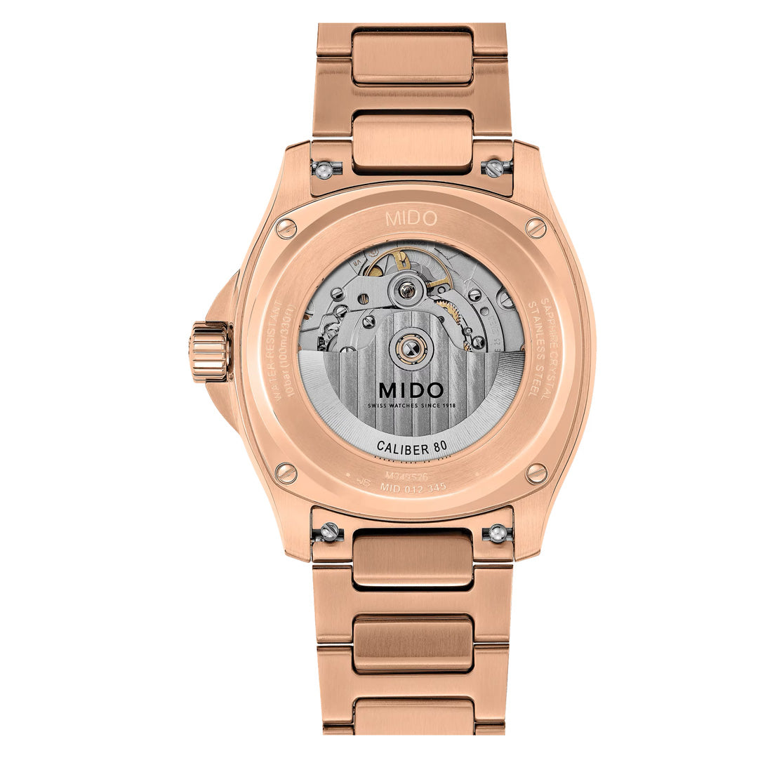 The back of the MIDO Multifort TV Big Date Automatic 39.2mm Watch reveals its Swiss automatic movement, with "MIDO" and "CALIBER 80" engraved on the mechanism through a transparent case back.