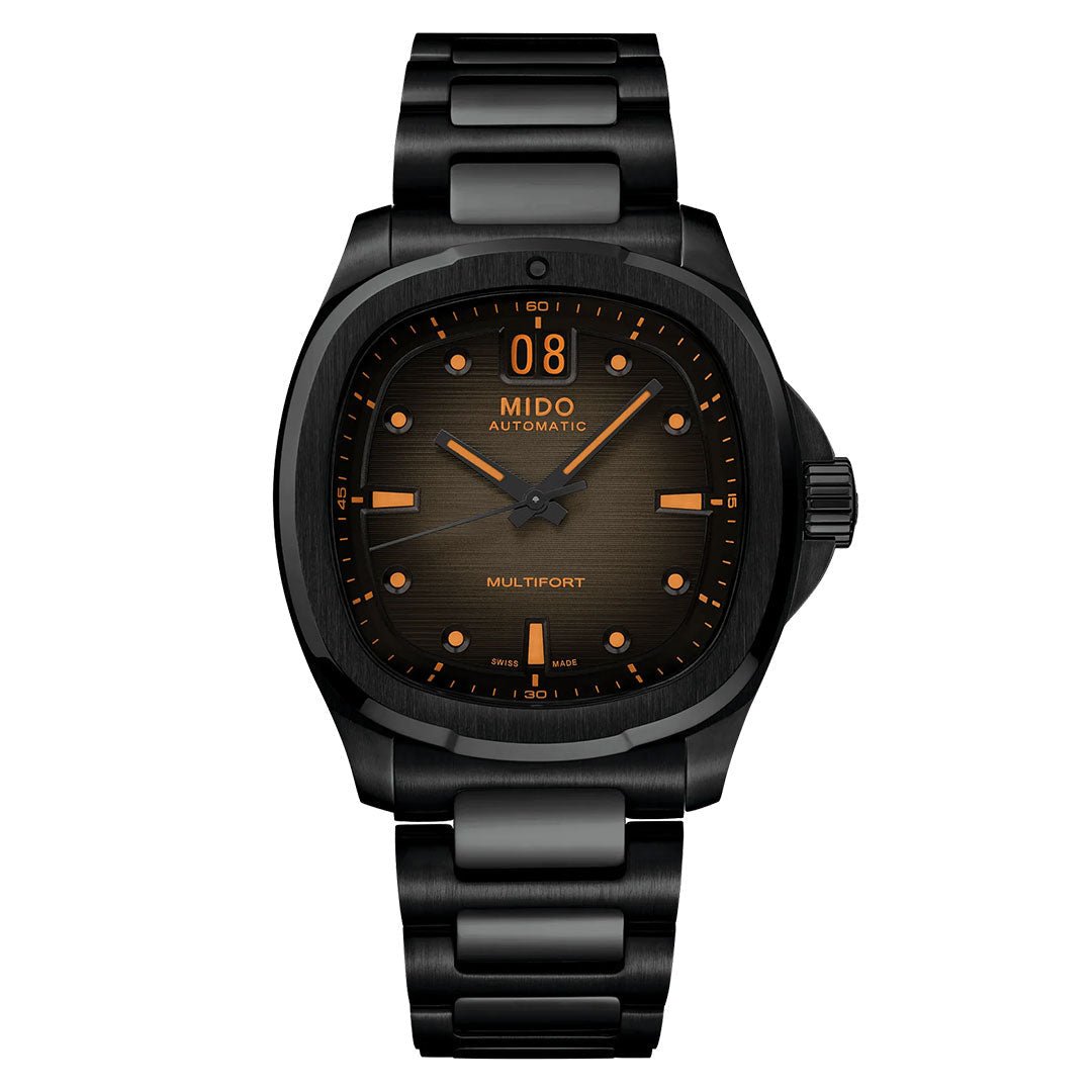 The MIDO Multifort TV Big Date Automatic 40mm Watch features a black metal link band, an orange and black dial with bold 12 o'clock numerals, "MIDO" at the top, and "MULTIFORT" at the bottom—showcasing Swiss automatic movement.