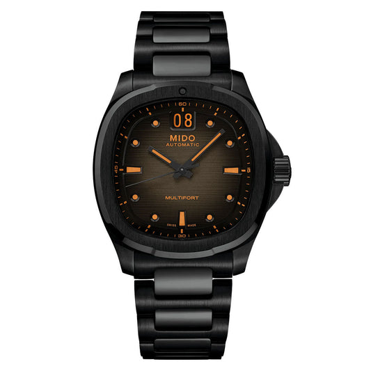 The MIDO Multifort TV Big Date Automatic 40mm Watch features a black metal link band, an orange and black dial with bold 12 o'clock numerals, "MIDO" at the top, and "MULTIFORT" at the bottom—showcasing Swiss automatic movement.