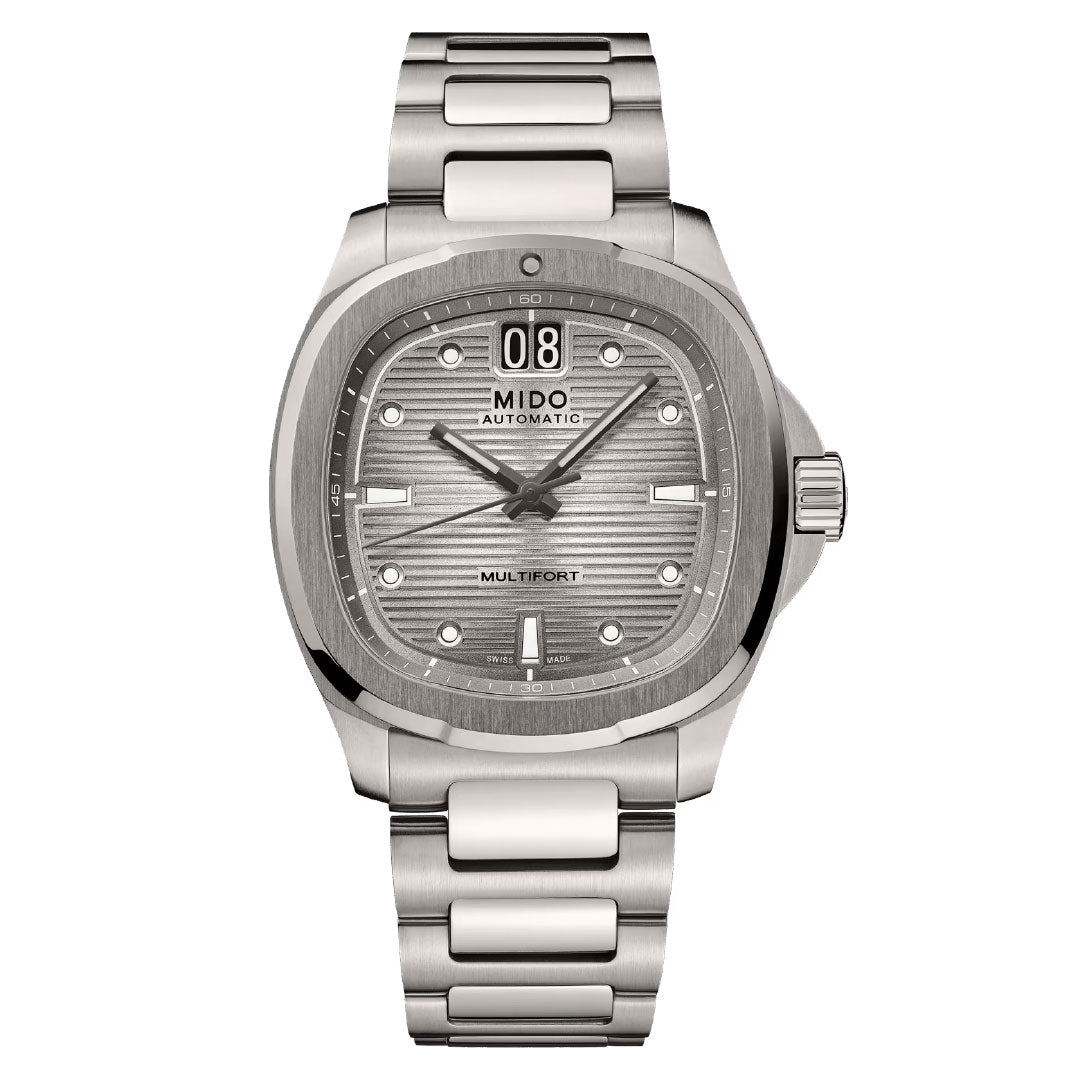 The MIDO Multifort TV Big Date Automatic 40mm watch features a textured silver dial, automatic movement, large date display at 12 o’clock, luminous markers, and a matching stainless steel strap.