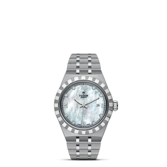 The TUDOR Royal wristwatch from TUDOR is crafted in stainless steel with gold accents, and features a mother-of-pearl dial beautifully embellished with Roman numerals and diamond hour markers. A date display is positioned at 3 o'clock, and both the bezel and bracelet highlight alternating polished and brushed finishes for an automatic sport-chic look.